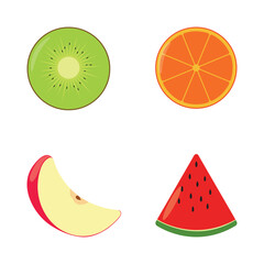 Set of sliced fruits icon. Kiwi, orange, apple, watermelon.