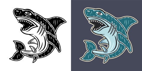 Shark in two styles monochrome on white and colorful on grey background vector illustration