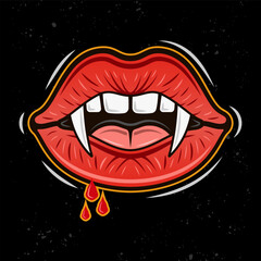 Vampire women mouth with fangs and blood drops vector illustration in colorful cartoon style on dark background