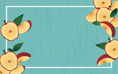青い木目の両サイドにりんごを配置した背景・フレーム