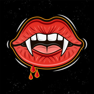 Vampire women mouth with fangs and blood drops vector illustration in colorful cartoon style on dark background