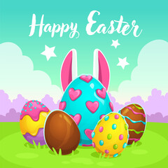 Happy Easter greeting card in cartoon style.