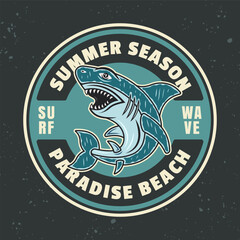 Hawaii paradise beach vector vintage emblem, label, badge or logo with shark. Illustration in colorful cartoon style on dark background