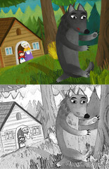cartoon evil wolf spying near wooden house illustration