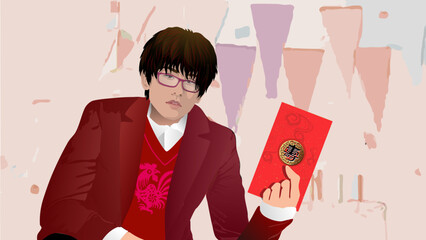 Young handsome man wearing casual clothing,  holding a red packet for celebration, standing in a party, half length, front view, realistic minimalistic illustration vector