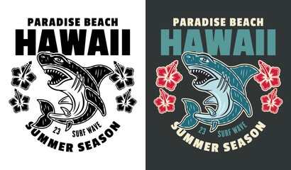Hawaii surfing paradise beach vector vintage emblem, label, badge or logo with shark. Illustration in two styles black on white and colorful on dark background