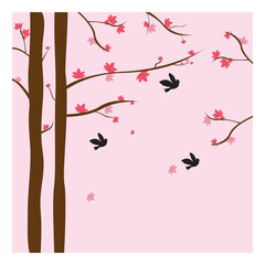Blossom tree with birds silhouette. Vector illustration.