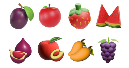 Realistic Detailed 3d fruits icon set. Apple, Strawberry, watermelon, peach, cherry, Fig, Grapes and mango 3d illustration
