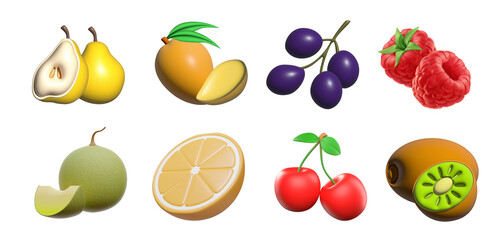 Fresh fruit. 3d illustration icons set. Realistic illustration