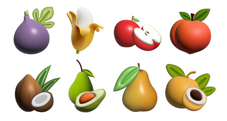 Fresh fruit. 3d illustration icons set. Realistic illustration