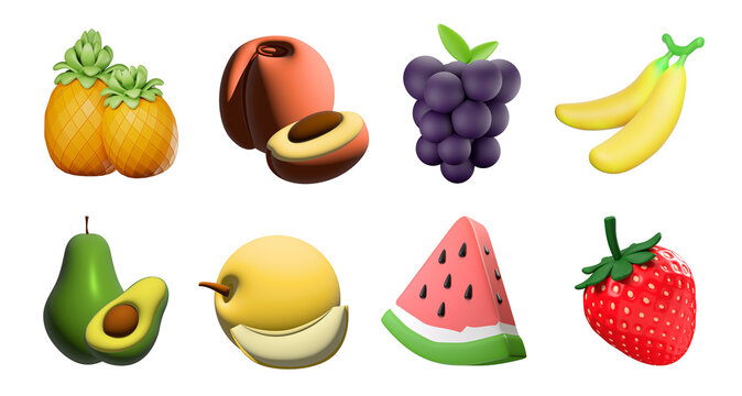Realistic Detailed 3d fruits icon set. Grapes, Pineapple, Banana, Pear, Strawberry, watermelon, peach, and Melon 3d illustration
