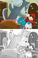 cartoon bad wolf in disguise of grandmother and girl