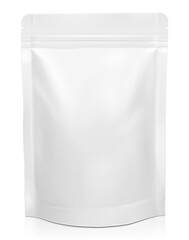 Fototapeta na wymiar White Blank Foil Food Doy Pack Stand Up Pouch Bag Packaging With Zipper.. .PNG transparency. 