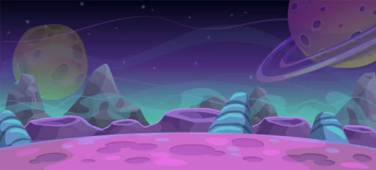 Fototapete Rund Warmes Lila Alien fantasy landscape, cosmic vector game scene  © lilu330