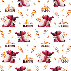 Seamless pattern with Birthday gifts, confetti, "be happy" lettering. Birthday party, celebration, holiday concept.Vector illustration. Perfect for product design, wallpaper, wrapping paper.