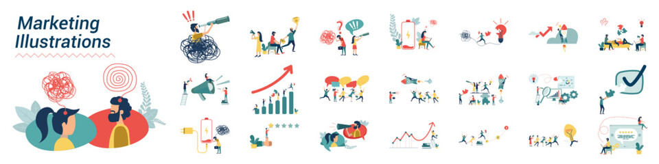 Mega set of Business Marketing illustrations. Collection of scenes with men and women taking part in business activities. Trendy vector style.