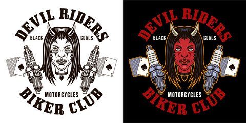 Biker club vector emblem, logo, badge, label, sticker or print with devil girl head and spark plugs. Illustration in two styles black on white and colorful on dark background