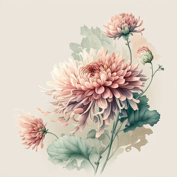 Watercolor chrysanthemums illustration. Wedding invitation. Flowers art print. Ai generated