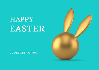 Obraz premium Happy Easter modern greeting card 3d bunny golden bauble premium design template realistic vector