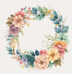 Watercolor flowers wreath illustration. Wedding invitation. Botanical art print. Ai generated