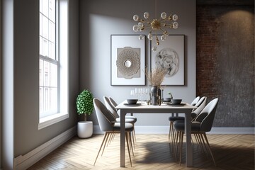 Dining Room Interior Design Urban Oasis Series: White walls with light stained hardwood flooring, urban inspired furnishings with metallic accents. Generative AI
