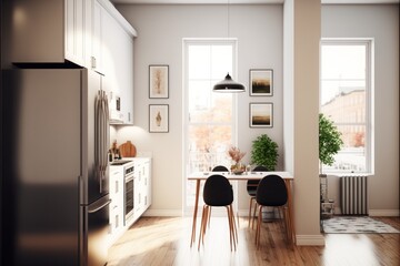 Kitchen Interior Design Urban Oasis Series: White walls with light stained hardwood flooring, urban inspired furnishings with metallic accents. Generative AI
