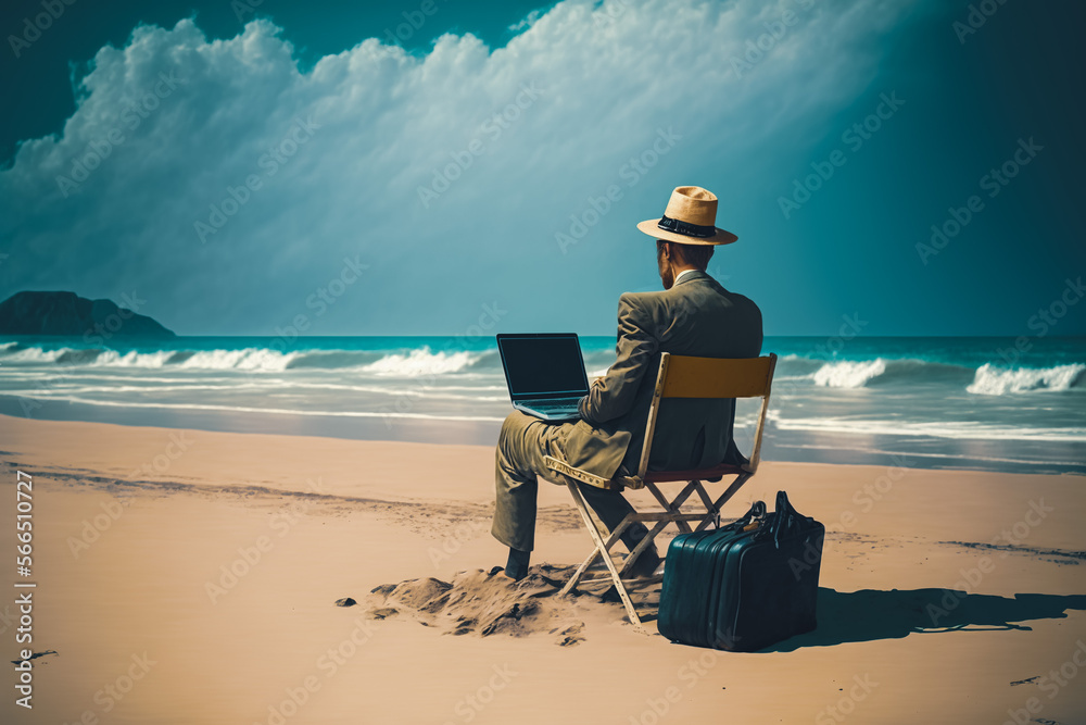 Wall mural Man working remotely in a suit on a beach - remote work goals, Generative AI