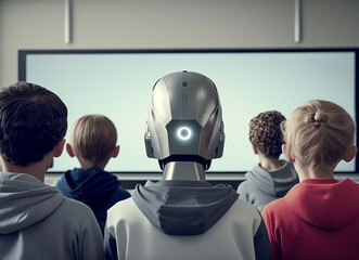 A robot student in a classroom with human pupils, Generative AI