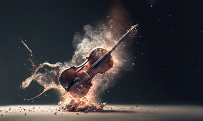 Fototapeta na wymiar Violin exploding with fire and smoke, Generative AI