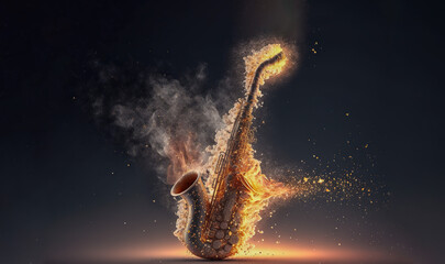 Explosive saxophone performance: blazing fire and smoke, Generative AI