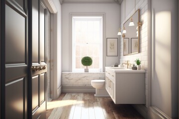 Fototapeta na wymiar Bath Room Interior Design Urban Oasis Series: White walls with light stained hardwood flooring, urban inspired furnishings with metallic accents. Generative AI 