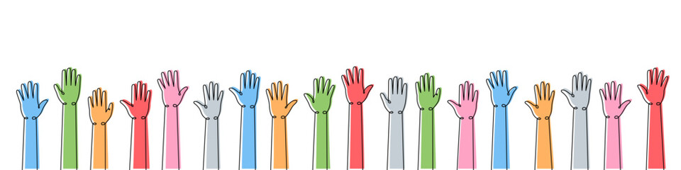 Hands raised up one line colored continuous drawing. Public opinion, user feedback continuous colorful one line illustration.