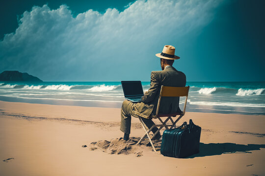 Man working remotely in a suit on a beach - remote work goals, Generative AI