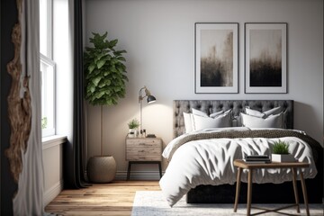 Bed Room Interior Design Urban Oasis Series: White walls with light stained hardwood flooring, urban inspired furnishings with metallic accents. Generative AI
