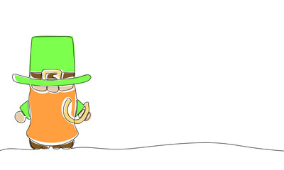 Leprechaun with horseshoe. Line art illustration with color. Outline, one continuous vector illustration. St. Patrick's Day. 17 March. Good luck.