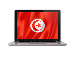 Tunisian flag on laptop screen isolated on white. 3D illustration