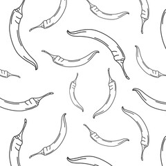 doodle seamless pattern with hot pepper. Vector poster with vegetables on a white background with black lines