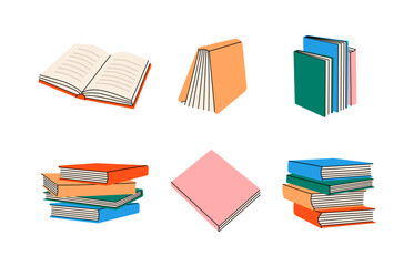 Set of colored books. Closed and open books. Stacks of textbooks for education. Literature, dictionaries, encyclopedias, planners. Vector illustration