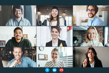 Video call conference screen. Big group of people working together