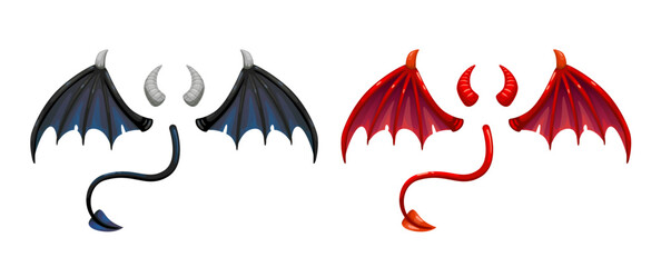 Devil tail, horns and wings, vector icons on white