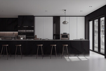 Fototapeta premium Modern Contemporary kitchen room interior. warm tone. Generative AI illustration.