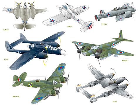 7, twin-engine propeller fighter illustration from America and England.