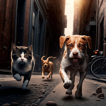 Artificial Intelligence Generated Image Of The Wild Street Dogs And Cats Running In The Street.
