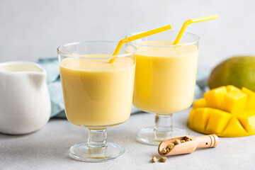 Lassi with mango, traditional indian drink, selective focus