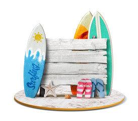 Old wooden sign and beach accessories