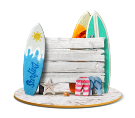 Old wooden sign and beach accessories