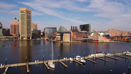  A drone aerial view of Baltimore harbor, Baltimore, Maryland, USA, December 23rd 2021.