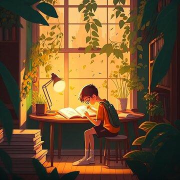 Boy sitting at a desk lamp and studying a book. Library room in evening light. Ai genarated illustrative imafe.