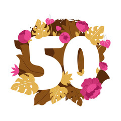The gold 50 number with flowers peony and monstera