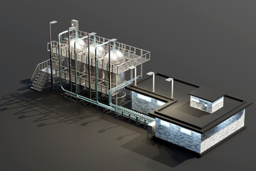 Water treatment facilities near building. Steel containers and mezzanine near factory. Industrial equipment for water treatment. Model enterprise that purifies water from harmful impurities. 3d image - obrazy, fototapety, plakaty